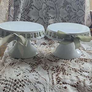 Vintage Pair Beribboned Small Cake Small Desserts Cake Stand Glossy White